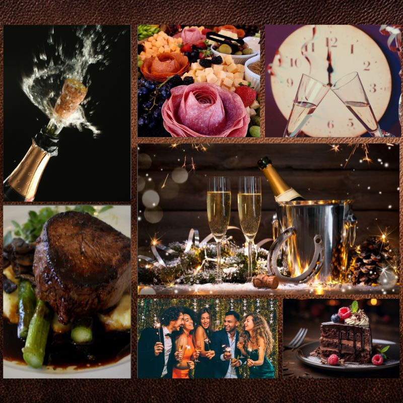 A vibrant collage featuring champagne, cocktails, and a clock ticks down to a delightful dinner with appetizers, steak, and dessert, surrounded by people joyously celebrating.